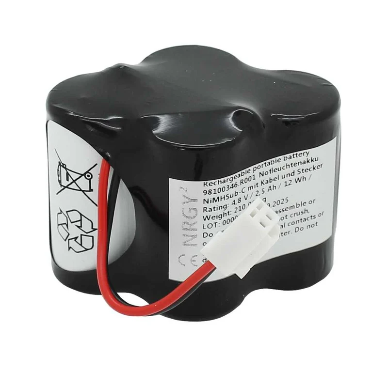 AccuCell Notleuchtenakku NiMH 4,8V 2500mAh F2x2 Sub-C mit 60mm Kabel und Stecker