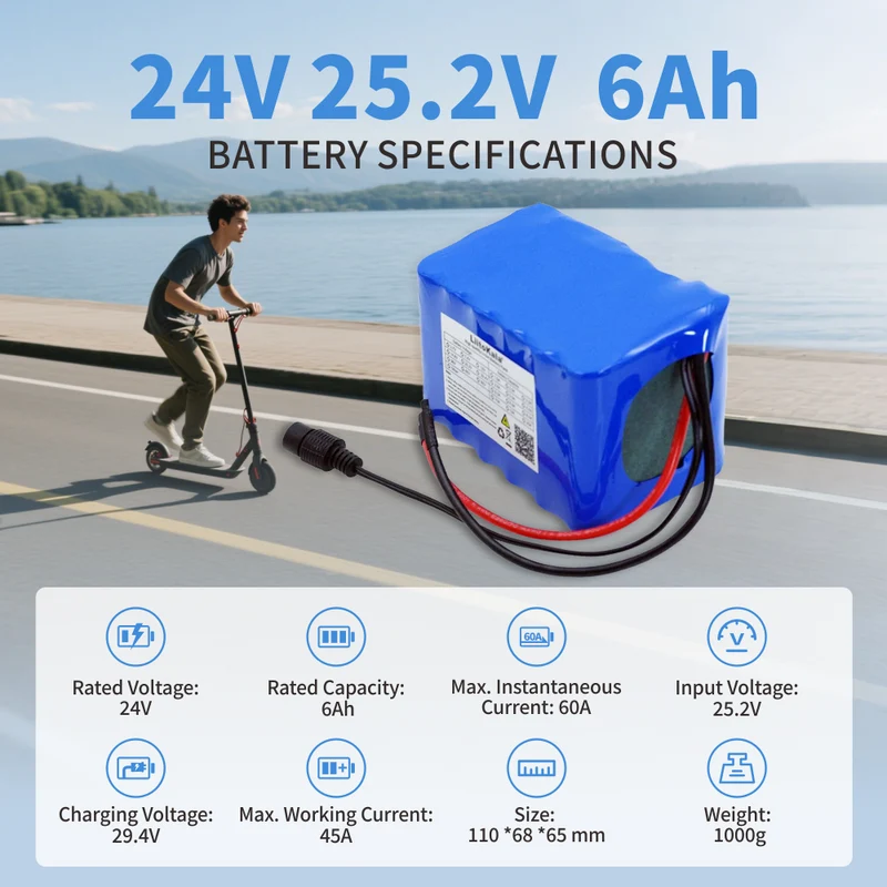 18650 Akku 24V 25.2V 6Ah 6S3P 6000mAh Elektrofahrrad Moped Elektro Li Ionen Akku mit BMS Schutz