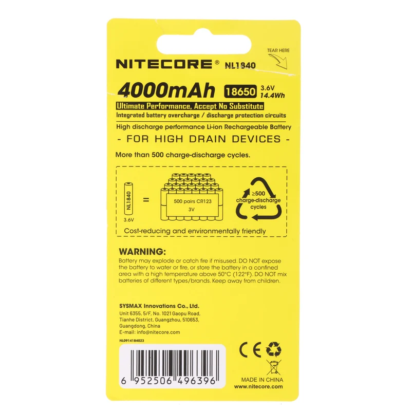 Nitecore 18650 Li-Ion Akku, NL1840, 4000mAh, mit Schutzschaltung