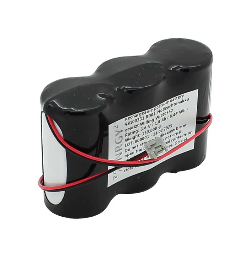 AccuCell Notleuchtenakku NiMH 3,6V 1800mAh F1x3 Sub-C mit 200mm Kabel und Stecker ersetzt Willing Wi200552