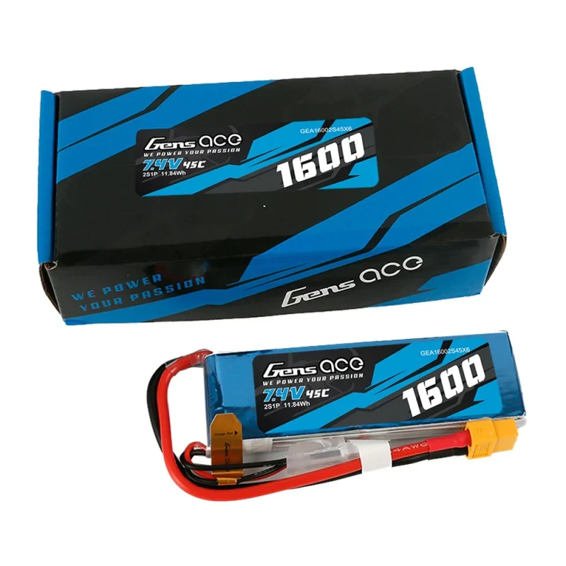 Gens Ace 1600mAh 7,4V 45C 2S1P Lipo Akkupack mit XT60 Stecker