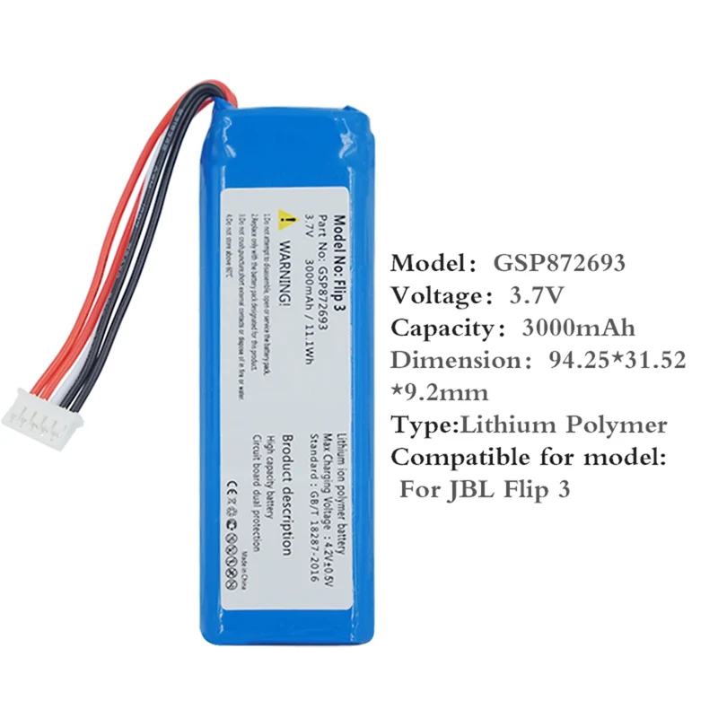 3.7 V 3000 mAh Hochwertiger Akku für JBL Flip 3 Flip 3 GREY GSP872693 P763098 03