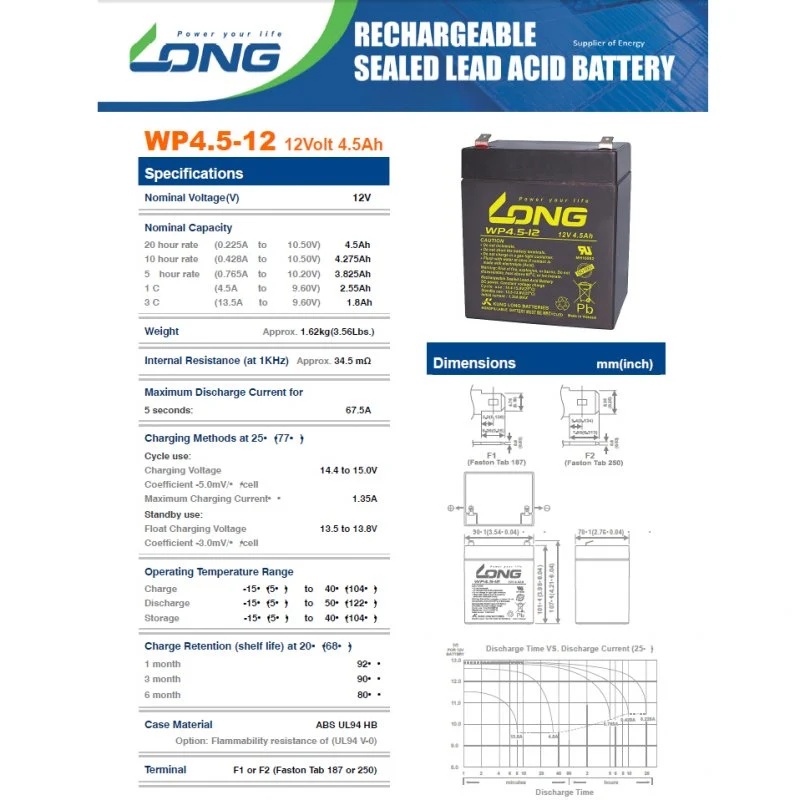 Kung Long Akku WP4.5-12 12 Volt 4,5 Ah 90 x 70 x 102mm 4,8mm Faston Kontakt