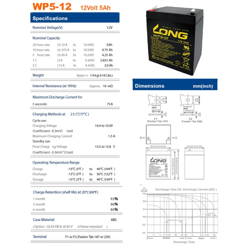 Kung Long WP5-12 Blei Akku 12 Volt 5Ah z.B. passend für den Batterypack APCRBC140 von APC, es werden dazu 16 Stück benötigt