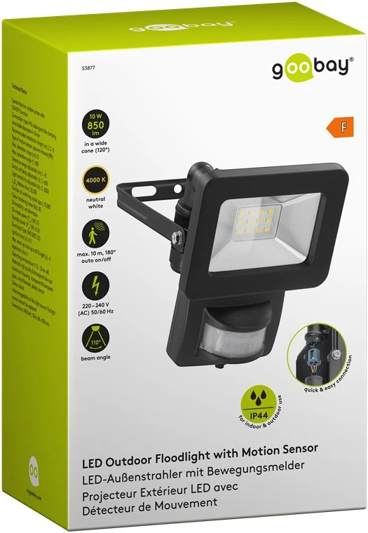 Goobay LED-Außenstrahler, 10 W, mit Bewegungsmelder - mit 850 lm, neutralweißem Licht (4000 K), PIR-Sensor mit ON-/OFF-Funktion und M16-Kabelverschraubung, für den Außeneinsatz geeignet (IP44)