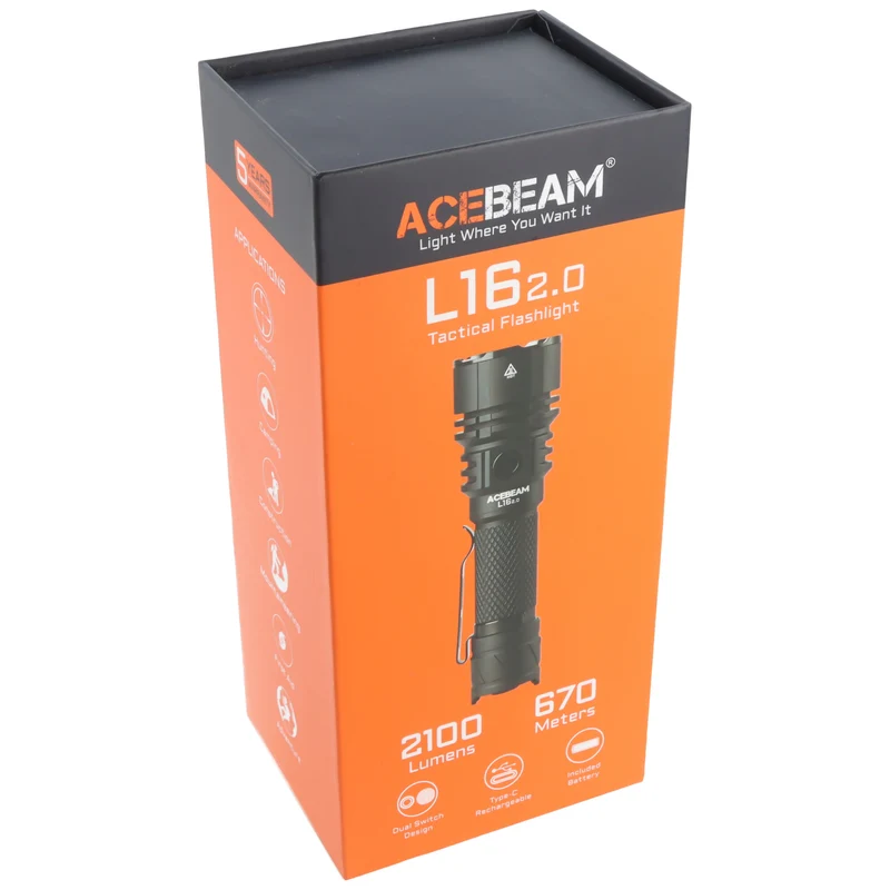AceBeam L16 2.0 – taktische LED-Taschenlampe mit 5.000 K, 2.100 Lumen und 670 m Reichweite (schwarz)