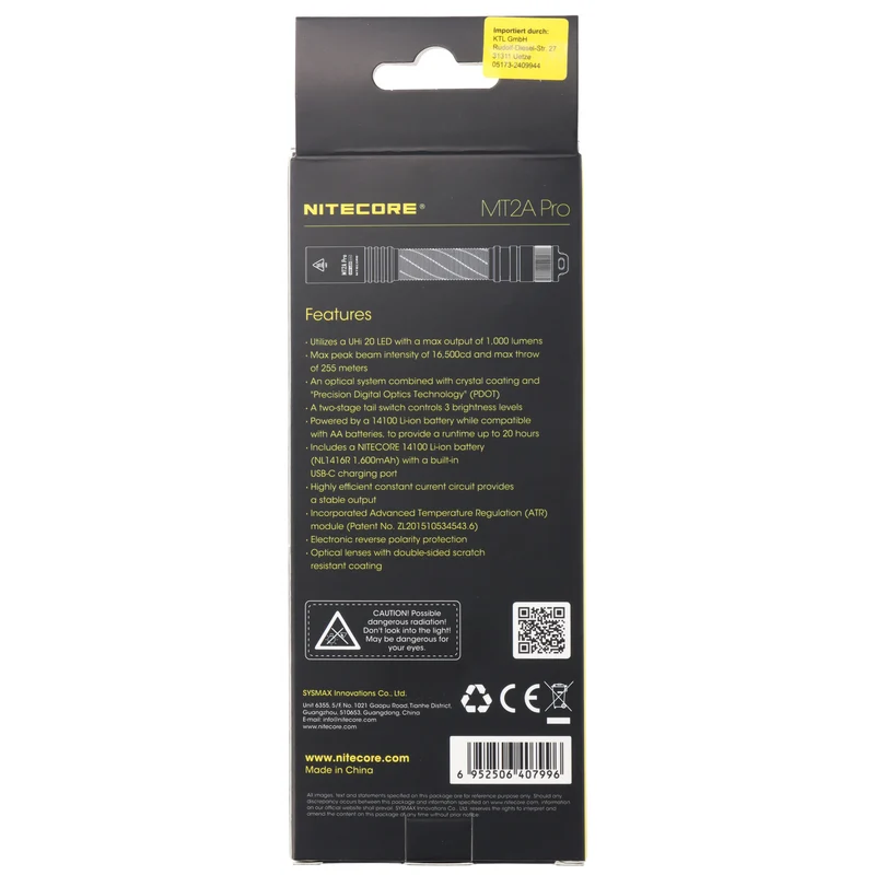 Nitecore MT2A PRO LED-Taschenlampe mit bis zu 1000 Lumen, UHi 20 LED, inklusive NL1416R Li-Ion Akku