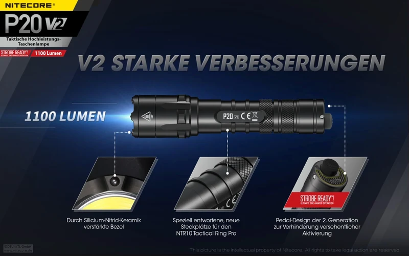 Nitecore P20 V2 LED-Taschenlampe, 1100 Lumen, taktische Taschenlampe, drei Benutzer-Modi, inklusive 2x CR123A Lithium Batterien
