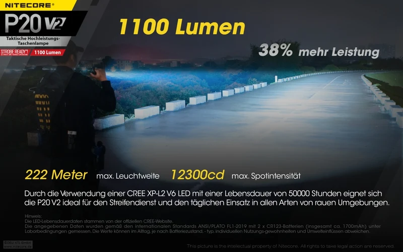 Nitecore P20 V2 LED-Taschenlampe, 1100 Lumen, taktische Taschenlampe, drei Benutzer-Modi, inklusive 2x CR123A Lithium Batterien