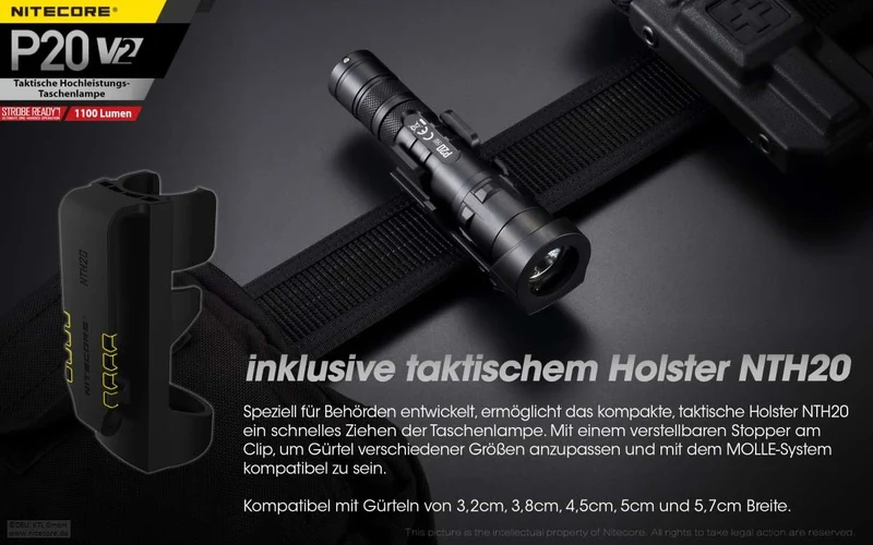 Nitecore P20 V2 LED-Taschenlampe, 1100 Lumen, taktische Taschenlampe, drei Benutzer-Modi, inklusive 2x CR123A Lithium Batterien