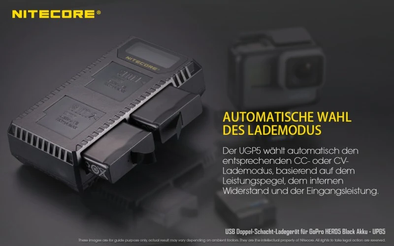 Nitecore Ladegerät UGP5 USB-Ladegerät mit LCD-Display für GoPro HERO 5 Black Akkus