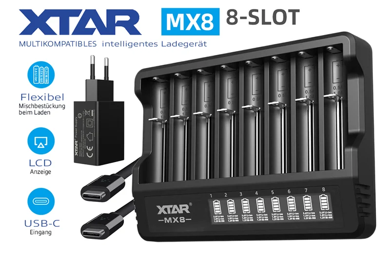 Xtar MX8 – Universelles Ladegerät für 1,5V; 3,6 - 3,7V Li-Ion & 1,2V Ni-MH Akkus