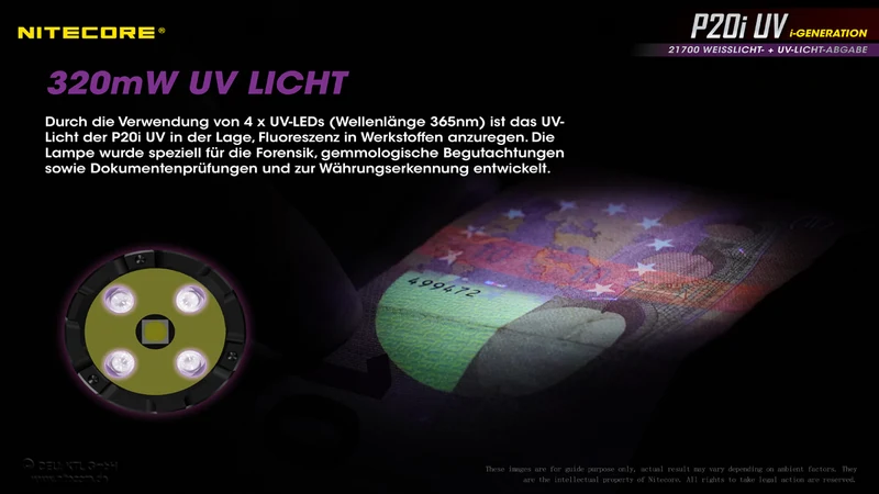 Nitecore P20i UV LED-Taschenlampe, 4x UV-LEDs, für Forensik, Begutachtungen, Dokumentenprüfung, Währungserkennung, 21700 Li-Ion Akku Typ NL2140i 4000mAh