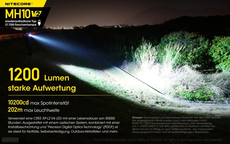 Nitecore MH10 V2, MH10V2 LED Taschenlampe inklusive 21700 4000mAh Li-Ion Akku, 1200 Lumen
