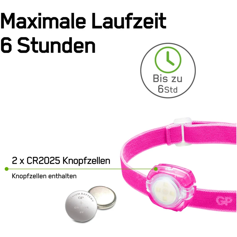 GP Batteries Stirnlampe CH31 40lumen inkl. 2x CR2025 Lithium Knopfzellen Lila