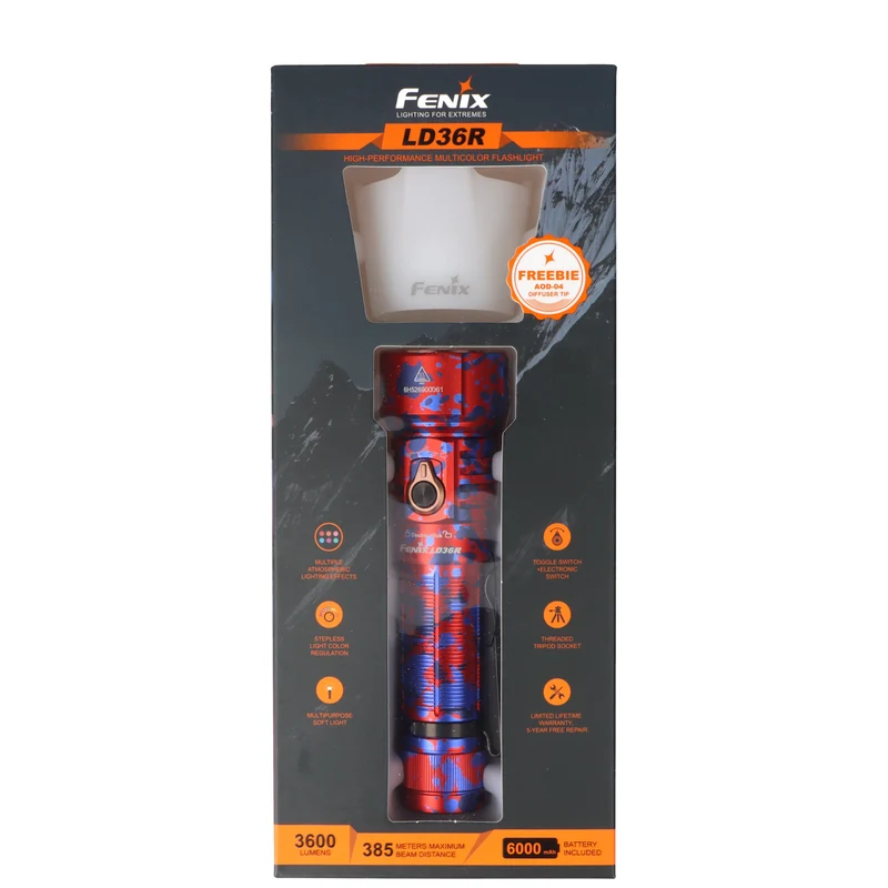 Fenix LD36R LED Taschenlampe mit weiß, rot, orange, pink,blau, lila und grünem Licht Flame Camo