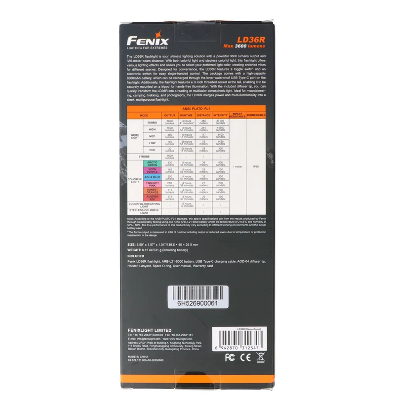 Fenix LD36R LED Taschenlampe mit weiß, rot, orange, pink,blau, lila und grünem Licht Flame Camo