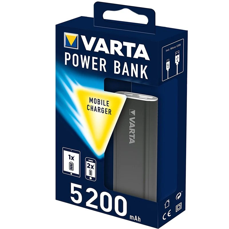 Varta Powerbank mit 5200mAh inkl. Micro USB Ladekabel mit 4 LED Ladeanzeige, dunkelgrau
