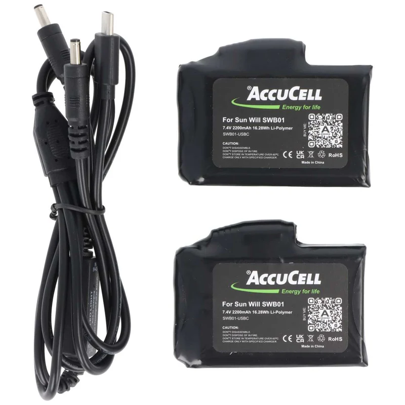 AccuCell SWB01 Akkus, wiederaufladbare Lithium-Polymer-Akkus 7,4 Volt 2200mAh inkl. USB-C Ladekabel, ideal für beheizte Handschuhe (2 St.)