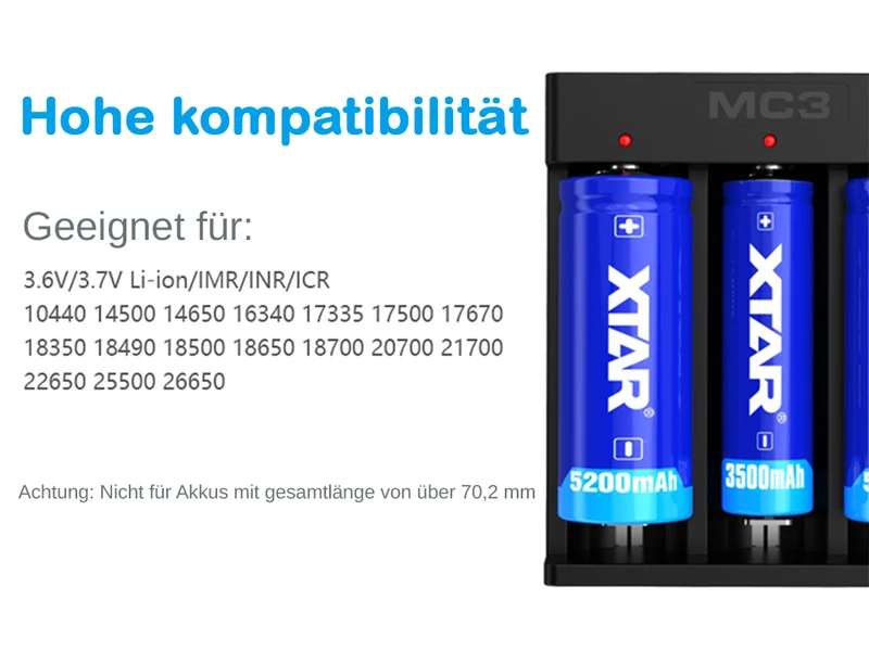 XTAR MC3 – Kompaktes 3-Schacht Ladegerät für Li-Ion Akkus
