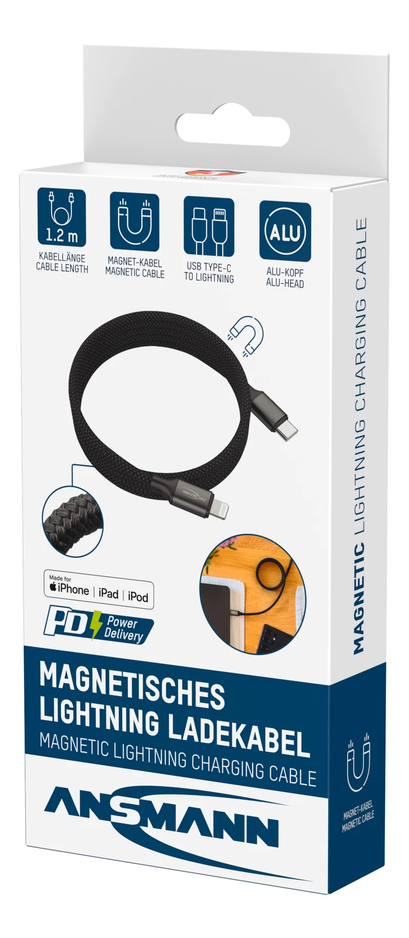 ANSMANN Magnetisches Ladekabel – USB-C auf Lightning, 120 cm