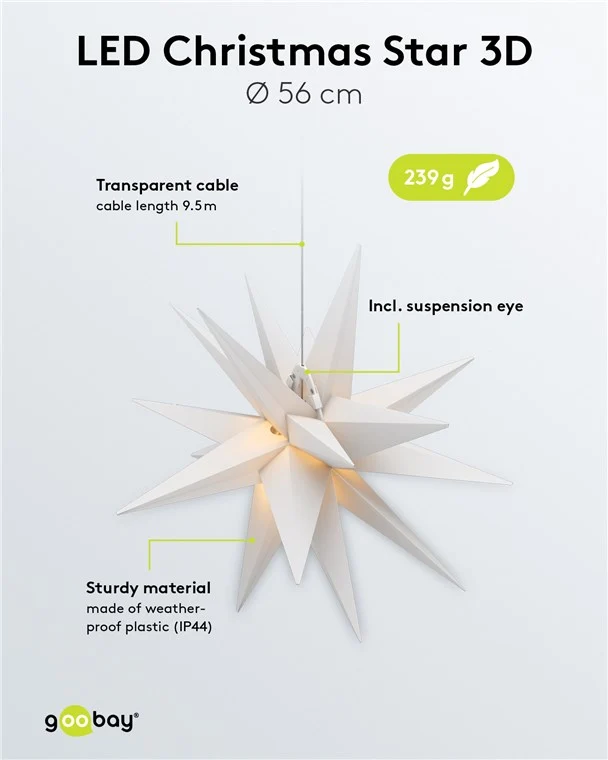 Goobay LED-Weihnachtsstern 3D, Ø 56 cm, mit Netzkabel, ein echter Blickfang für Fenster & Wohnräume