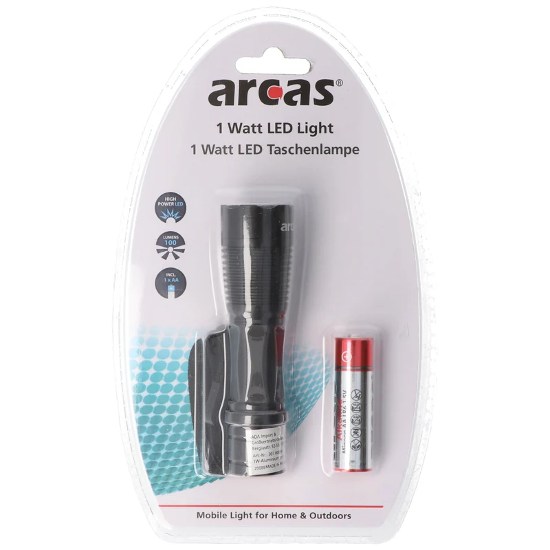 Arcas 1 Watt LED Taschenlampe schwarz inklusive Alkaline Batterie