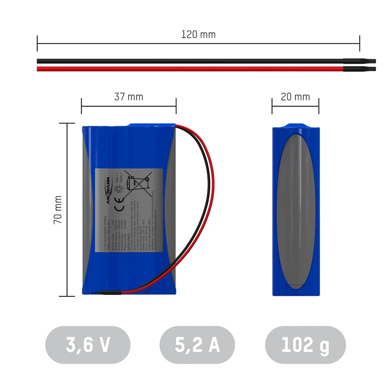 Ansmann Lithium-Ionen Akkupack 3,6 Volt/ 5200 mAh / 1S2P, ideal für mobile Anwendungen