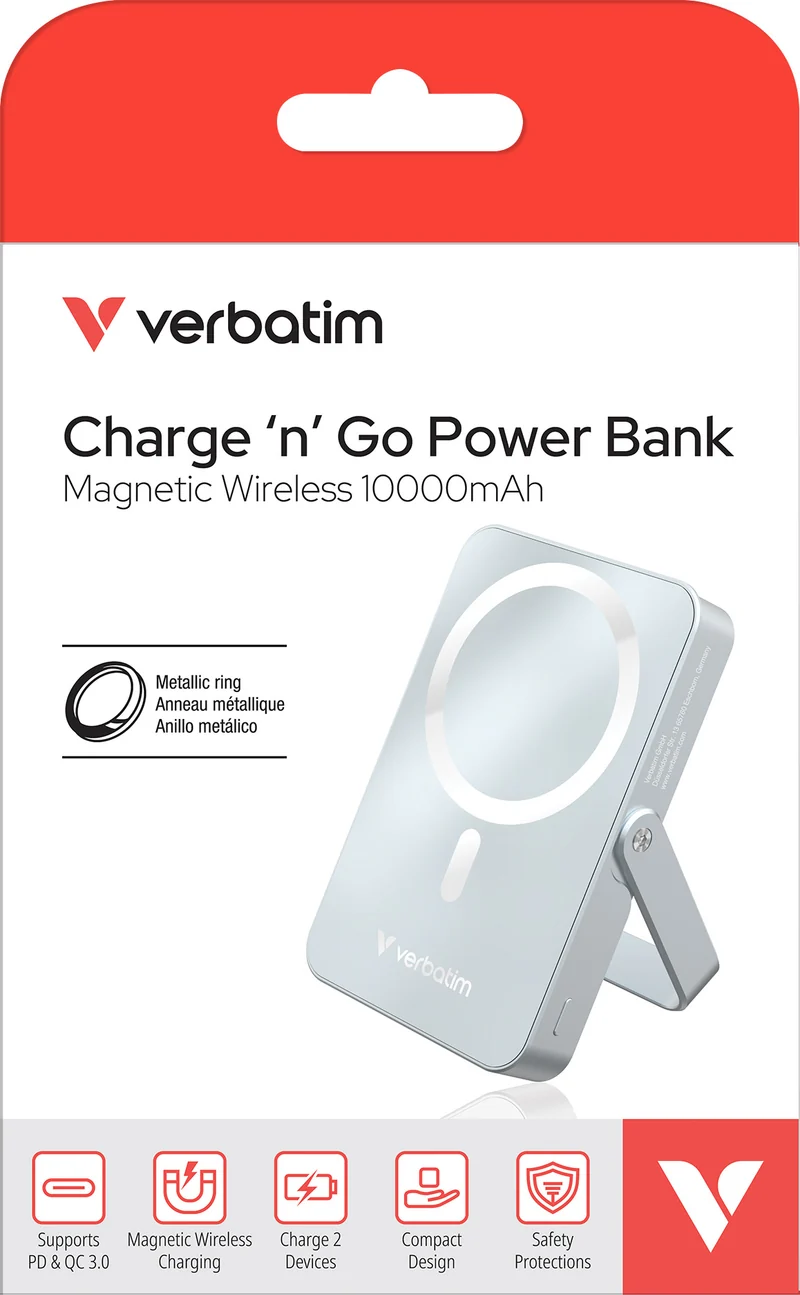 Verbatim Powerbank Charge’n’Go 10.000mAh – Deine Energiequelle für unterwegs, blau, magnetisch, Wireless, USB-C, QC-PD 3.0