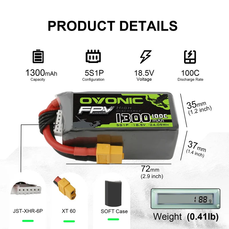 OVONIC 5S LiPo-Akkupack 1300mAh 100C 18,5V mit XT60-Stecker
