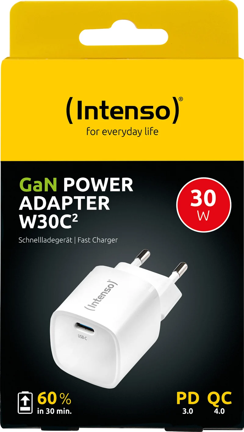 Intenso Ladeadapter „W30C² GaN“ – 30 W USB-C Power Delivery, Schwarz (Retail-Blister)