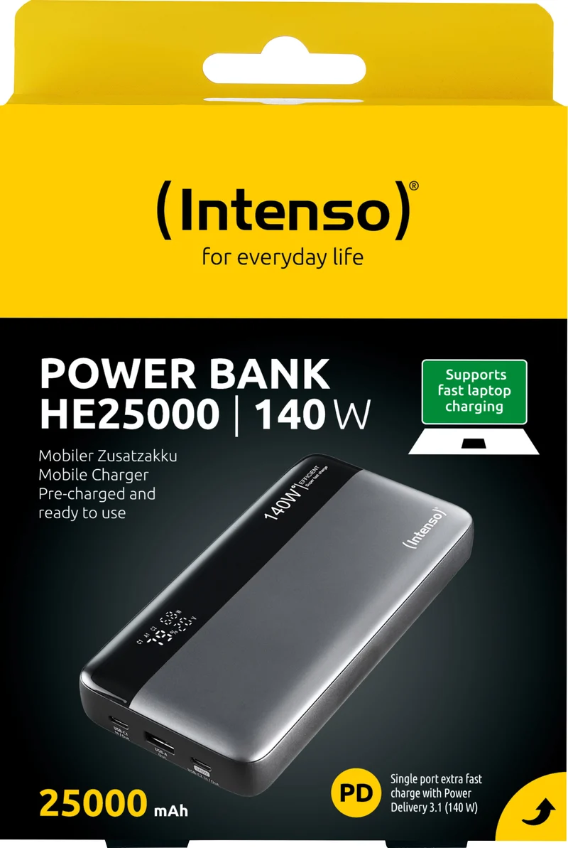 Intenso Akku-Powerbank „HE25000“ – 25.000 mAh, Grau-Schwarz, 140 W, 1× USB-A QC, 2× USB-C PD 3.1