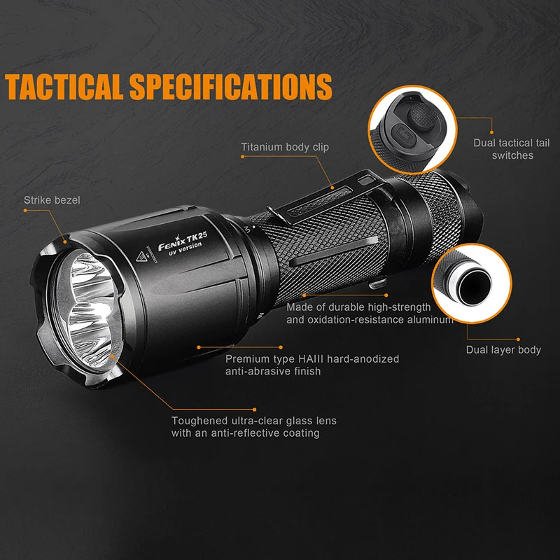 Fenix TK25UV LED-Taschenlampe mit weißer LED und UV LED Licht, Lieferung ohne Akku oder Batterien