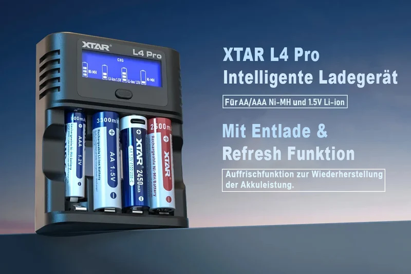XTAR L4 Pro Akku Ladegerät – für Li-Ion 1,5V & NiMH/NiCd 1,2V AA/AAA Akkus, lädt Ihre Akkus präzise & sicher!