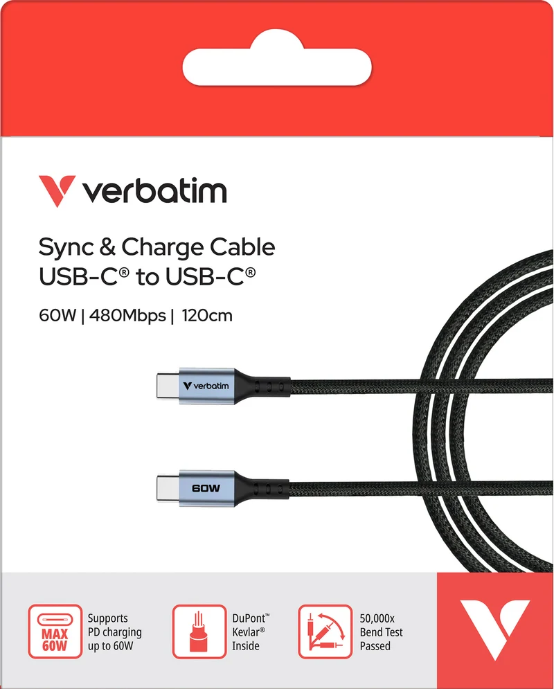 Verbatim Ladekabel, USB-C/USB-C, 1.2m, schwarz Sync&Charge, 60W, 480MBit/s, Retail