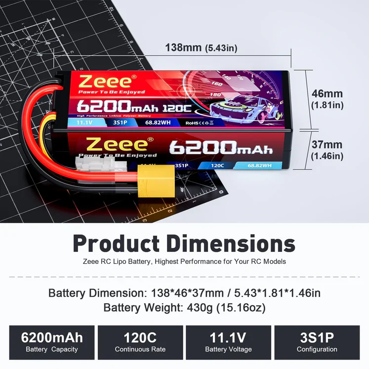 Zeee 3S 6200 mAh 11,1 V 120 C, Hartschalenkoffer Lipo Akku mit XT90-Anschluss (2 St.)