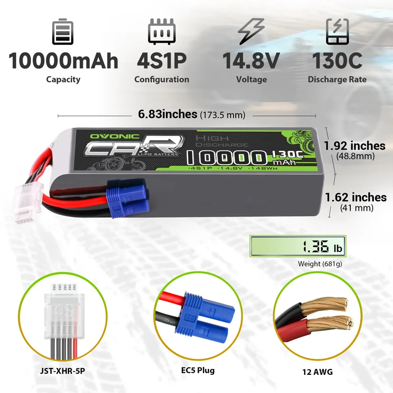 OVONIC 4S 10000mAh 14,8V 130C Lipo-Akku mit EC5-Anschluss und Lipo-Spannungsprüfer (2 St.)