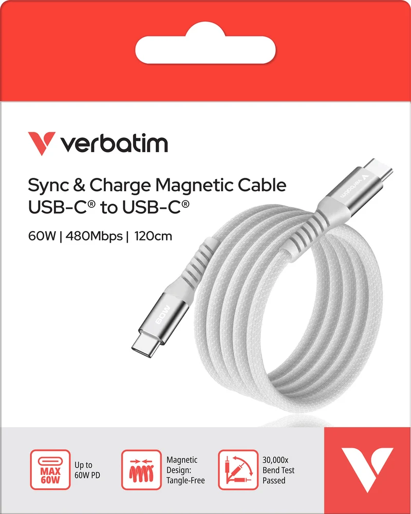 Verbatim Ladekabel, USB-C/USB-C, 1.2m Sync&Charge, 60W, 480MBit/s, Magnetic, Retail