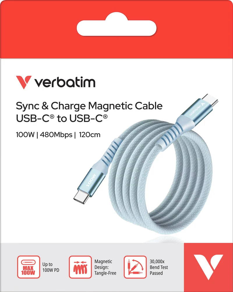 Verbatim Ladekabel, USB-C/USB-C, 1.2m Sync&Charge, 100W, 480MBit/s, Magnetic, Retail
