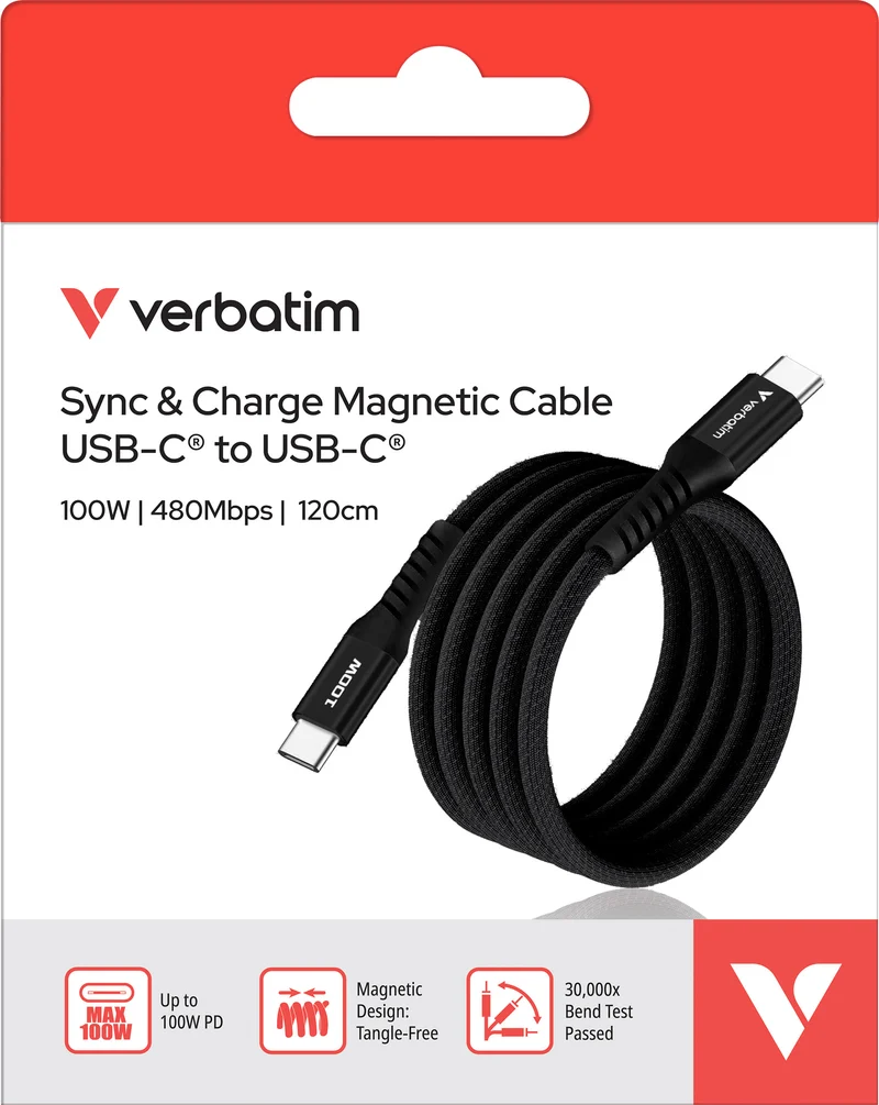Verbatim Ladekabel, USB-C/USB-C, 1.2m Sync&Charge, 100W, 480MBit/s, Magnetic, Retail