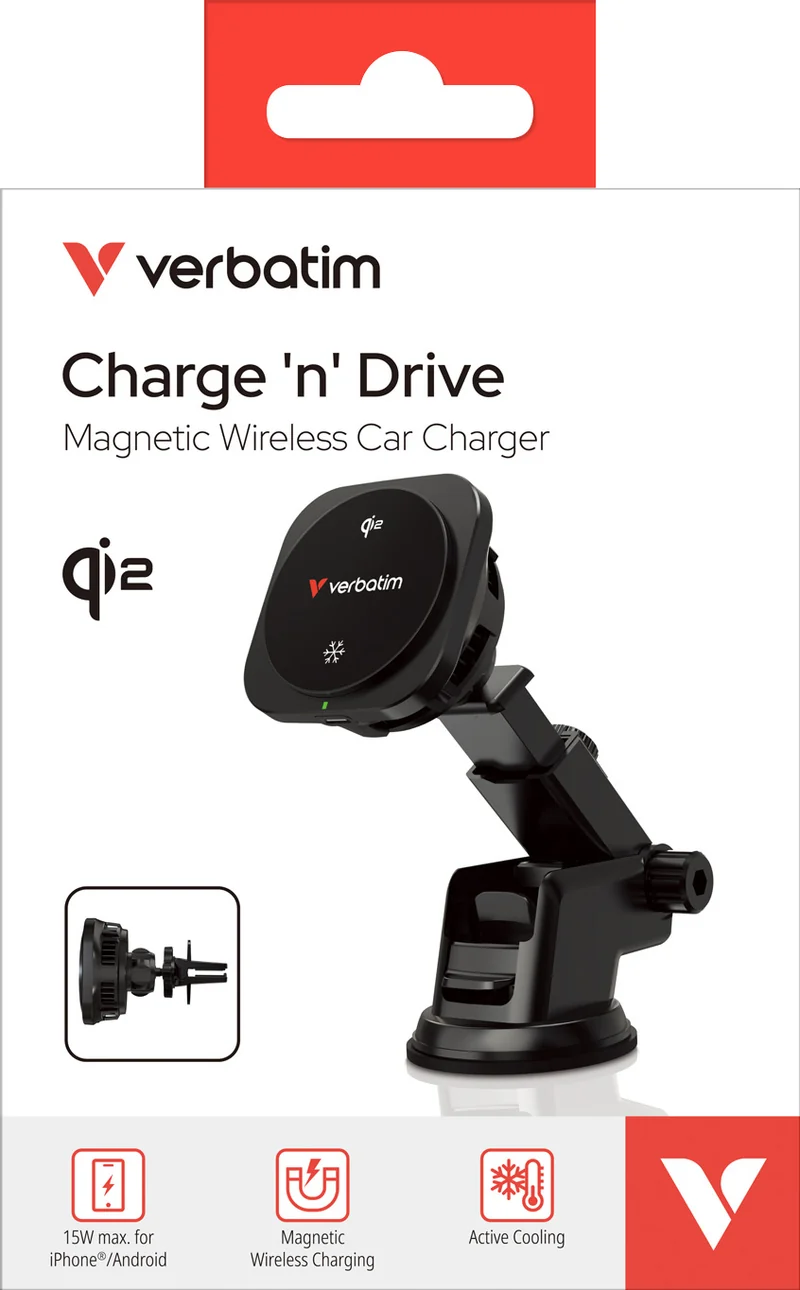 Verbatim Wireless Charger, KFZ, Qi2, Magnetic, CND-02 15W, Kabel USB-C, 1m, schwarz, Retail