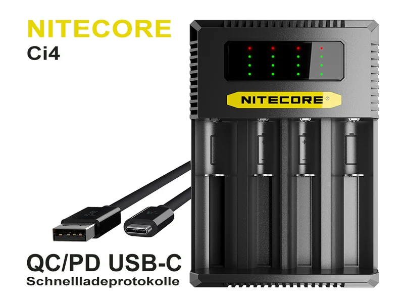 Nitecore Ci4 USB-C Ladegerät – 4-Schacht QC/PD Schnellladegerät für Li-Ion & NiMH/NiCd