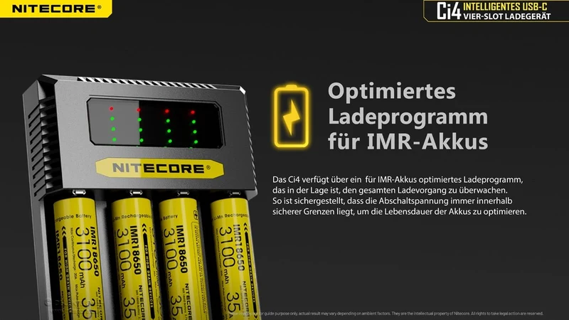 Nitecore Ci4 USB-C Ladegerät – 4-Schacht QC/PD Schnellladegerät für Li-Ion & NiMH/NiCd