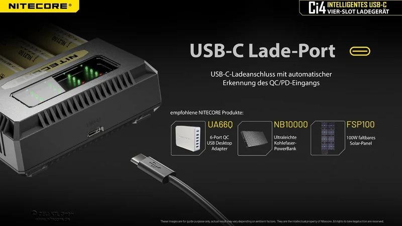 Nitecore Ci4 USB-C Ladegerät – 4-Schacht QC/PD Schnellladegerät für Li-Ion & NiMH/NiCd