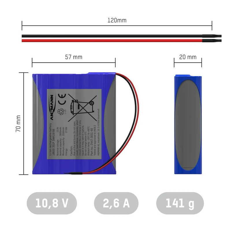Ansmann Lithium-Ionen Akkupack 10,8 Volt / 2600 mAh / 3S1P, ideal für mobile Anwendungen
