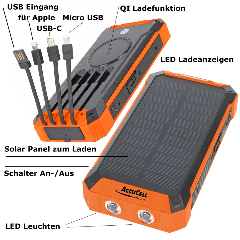 AccuCell 20000mAh Powerbank mit 4 Ladekabel, QI-Ladefunktion, Solar Panel, mit LED Licht
