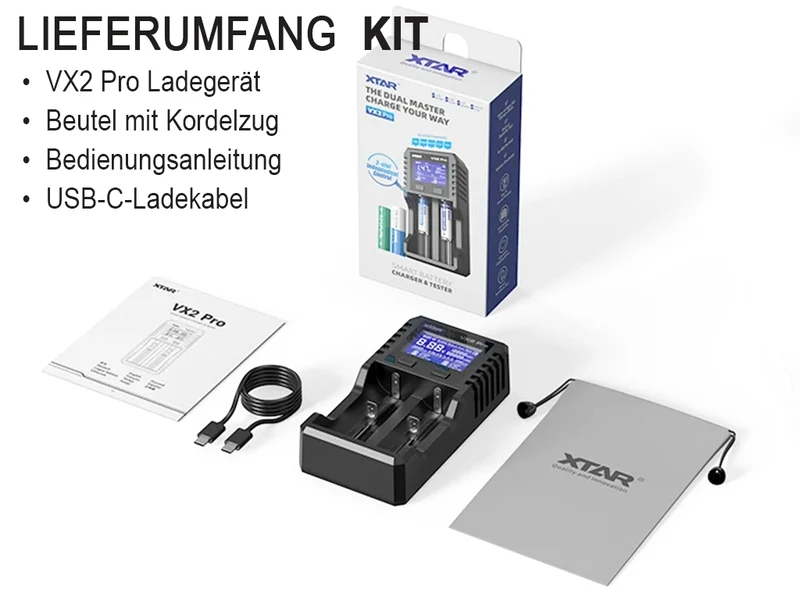 Xtar VX2 Pro – Universelles Analyse Ladegerät für 1,5V; 3,6 - 3,7V Li-Ion; 3,2V LiFePO4 & 1,2V Ni-MH Akkus