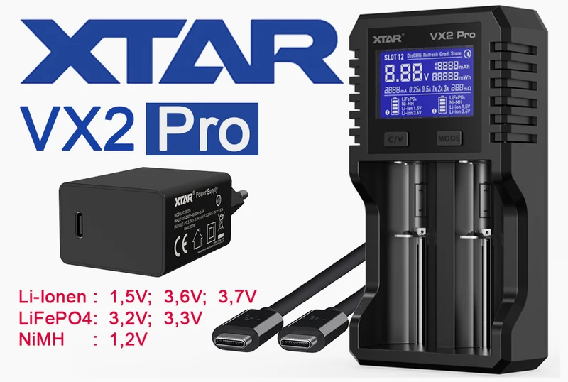 Xtar VX2 Pro – Universelles Analyse Ladegerät für 1,5V; 3,6 - 3,7V Li-Ion; 3,2V LiFePO4 & 1,2V Ni-MH Akkus