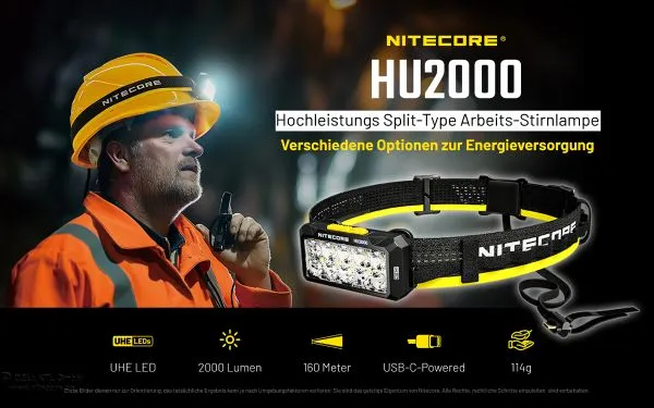 Nitecore HU2000 Arbeits-Stirnlampe, bis zu 2000 Lumen, ohne eigene Stromquelle, NiteLab UHE LEDs, mit Universalclip