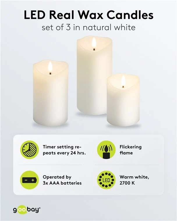 Goobay 3er-Set LED-Echtwachskerzen, weiß - mit Timerfunktion und 3D-Flammenkegel, batteriebetrieben, warmweiß (2700 K)